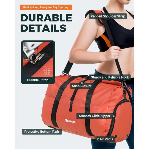 Tolaccea Gym Duffel Bag for Women, Travel Bags Foldable Sports Duffle with Shoe Compartment & Wet Pocket, Lightweight & Water-Resistant, Perfect for Workout, Weekender Overnight & Carry-On Expandable