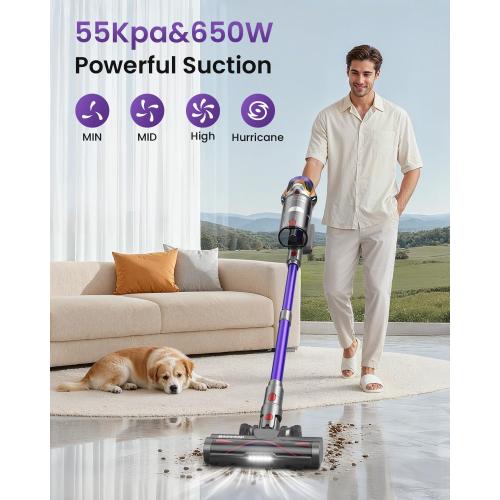 Cordless Vacuum Cleaner 55Kpa/650W/70Mins,1.8L Self Standing Stick Vacuum,Upgraded Vacuum Cordless with Hurricane Mode,Touch Screen,Anti-Tangle Wireless Vacuum,Vacuum Cleaners for Home/Pet Hair/Carpet
