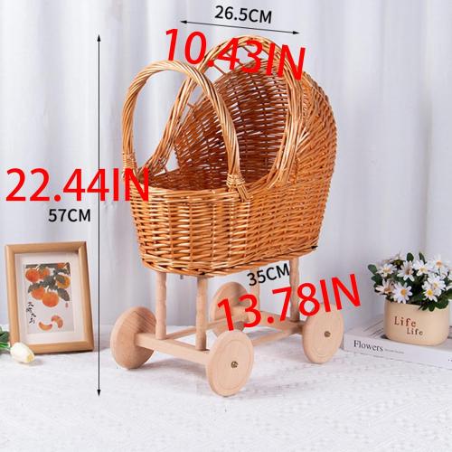 Woven Rattan Stroller Shaped Flower Basket, Vintage Wicker Baby Carriage Planter for Floral Arrangements, Baby Shower Wedding Party Decor, Photography Props, Floral Rustic Home Decor (Large Style B)
