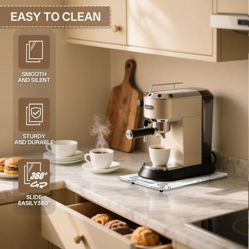 Sliding Tray for Coffee Maker: Acrylic Appliance Slider with Rubber Wheels - Coffee Machine Mat Pot Rolling Tray for Kitchen Countertop - 9.5x14.5 Clear