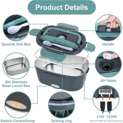 Electric Lunch Box Food Heater, 3 in 1 Ultra Quick Heated Lunch Boxes for Adults, 12V/24V/110V Portable Food Warmer for Car/Truck/Office With Fork Spoon and Insulated Carry Bag