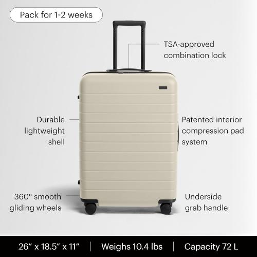 Away Medium Checked Luggage - 26-Inch Lightweight Hardside Suitcase with Custom WhisperGlide 360° Wheels, Interior Compression System, TSA-Accepted Lock - Salt White Matte