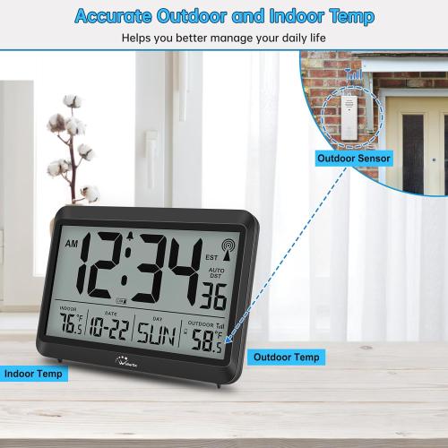 WallarGe Atomic Clock with Indoor Outdoor Temperature - 8.5'' Digital Clock Battery Operated, Self-Setting, 4 Time Zones, DST