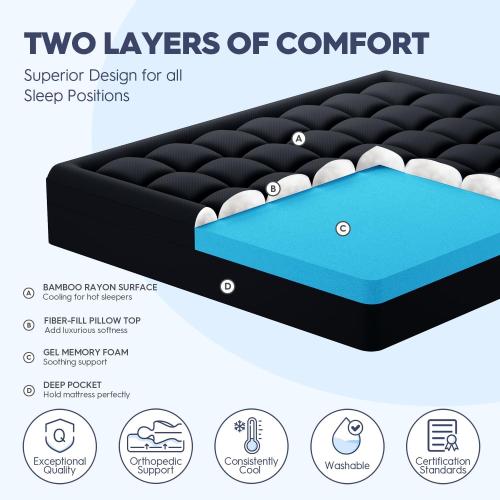 Black Twin Size ELEMUSE Dual Layer 3 Inch Memory Foam Mattress Topper Twin, 2 Inch Cooling Gel Memory Foam Plus 1 Inch Down Alternative Pillowtop Mattress Pad with Cooling Cover, Soft Comfort Support, Black