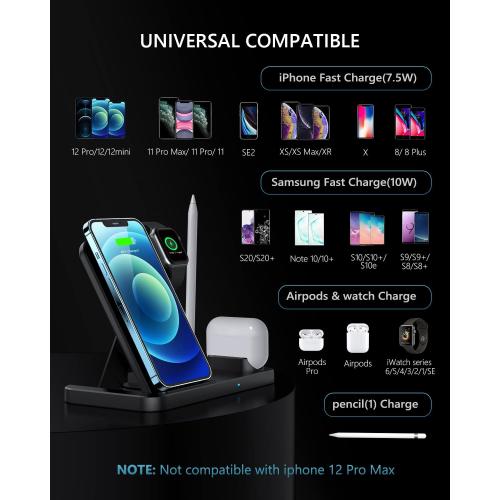 Wireless Charger, 4 in 1 Fast Wireless Charging Station Compatible with Apple Watch Airpods Pro iPhone 12/12 Pro/11/11 Pro/8/X, Wireless Charging Stand Compatible with Samsung