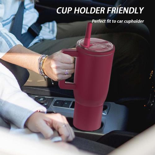 40 oz Tumbler with Flip Straw&LeakProof Lid|Built-in Straw&Handle|Stainless Steel&Rubber Base|Water Bottle Insulated Cup Travel Mug|BPA Free|Cranberry