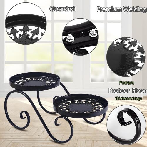 2 Tier Black Plant Stand, Metal Flower Stand Indoor Outdoor, Anti-Rust Iron Plant Shelf, Round Flower Pot Stands for Multiple Plants, Display Rack Potted Plant Holders for Garden Home Decor