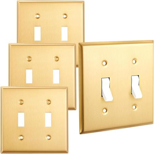 Zonon 4 Pack Gold Outlet Covers 4.63 x 4.63, Double Toggle Switch Light Covers Brass Metal Brushed Decorative Gold Receptacle Wall Plate Corrosion Resistant, Standard Size, Brushed Brass