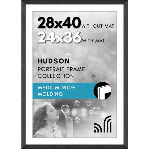 3pk 28x40 Poster Frame with Polished Plexiglass - Use as 24x36 Frame with Mat or Display 28x40 Photo Without Mat - Hudson Collection - Wide Picture Frames for Wall Display - Black