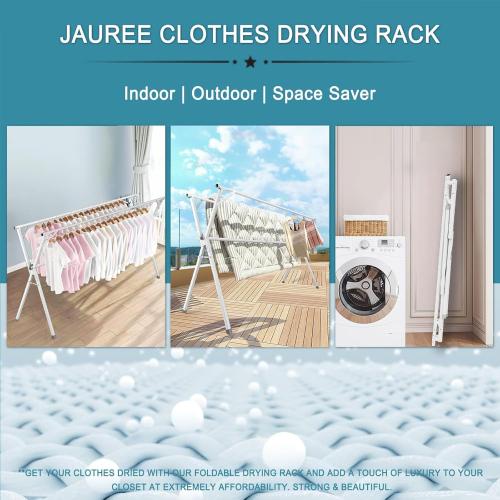 JAUREE 95 Inches Clothes Drying Rack, Drying Rack Clothing Folding Indoor Outdoor, Heavy Duty Stainless Steel Laundry Drying Rack, Foldable Portable Clothes Rack Garment Rack with 20 Hooks White