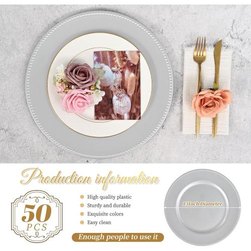 50 Pcs Silver Charger Plates Round Charger Plates13 Inch Bulk Wedding Dinner Elegant Reusable Plastic Chargers Plates Wedding Holiday Party Baby Shower Event Decoration (Silver)