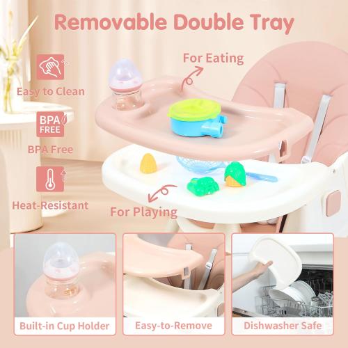 Baby High Chair, 6 in 1 Convertible High Chairs for Babies and Toddlers with 5-Point Safety Harness,Foldable High Chair for Space-Saving, Adjustable Dining Tray,Backrest & Height,Easy to Clean Surface