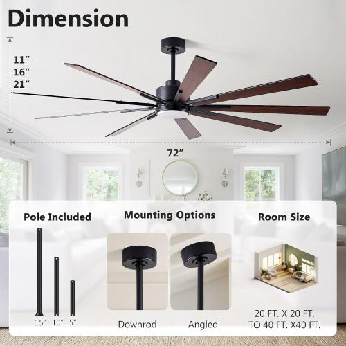 72 Inch Ceiling Fan with Lights, Large Outdoor Ceiling Fans, Modern Industrial Ceiling Fan 9 Blades for Great Room, Large Living Room Patio Farmhouse Damp Rated, Quiet Reversible DC Motor Dark Walnut