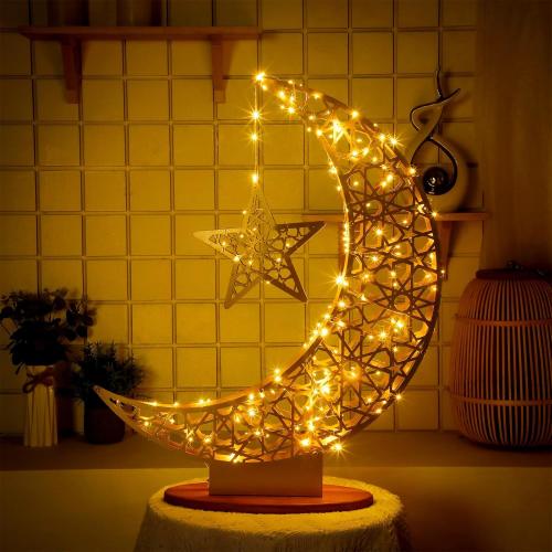 Tujoe Ramadan Light Decoration, Large Eid Crescent Moon Star Light 26.3 x 22.4 Inch Metal LED Ramadan Mubarak Moon Lamp Table Centerpiece Battery Operated for Home Floor Yard Islamic Gift(Innovative)