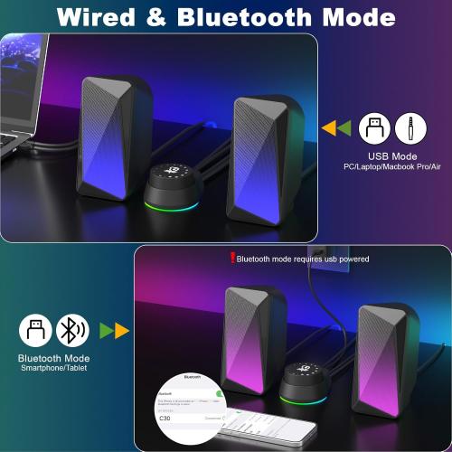 SOULION C30 Computer Speakers, USB Powered & 3.5 mm AUX Bluetooth Speakers for Desktop Monitor, LED Flame Lights & Easy-Control Pod, Gaming Speakers for Laptop Tablet Phone - Black