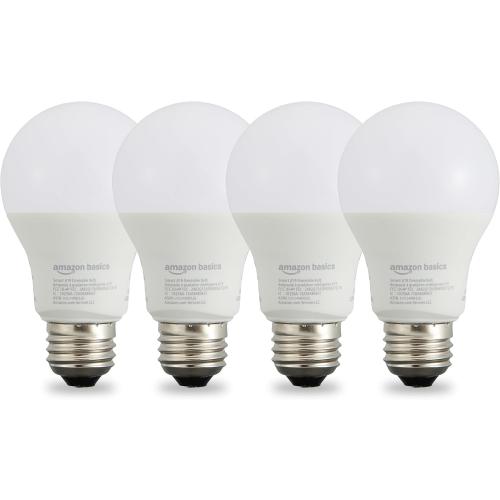 Amazon Basics Smart A19 LED Light Bulb, Dimmable Soft White (2700K), 9W (60W Equivalent), 800LM, Works with Alexa Only, 2.4 GHz Wi-Fi, No Hub Required, 4 Pack