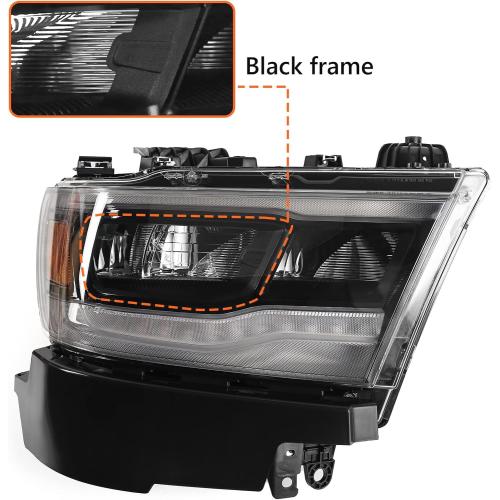 FIONE LED Headlight Assembly Compatible with Dodge Ram 1500 2019-2022 Black Cover Headlamp Right Passenger Side 68533274AA CH2503320