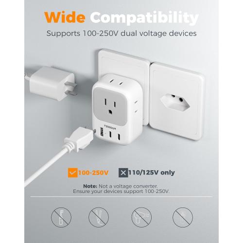 TESSAN Switzerland Travel Plug Adapter, Type J Switzerland Power Adapter with 4 Outlets 3 USB (2 USB-C), Swiss Plug for US to Rwanda Jordan Liechtenstein Madagascar, Travel Essentials