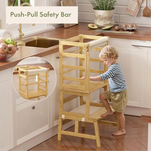 Amazer Bamboo Toddler Step Stool, Anti-Tip Toddler Kitchen Stool Helper with Push-Pull Safety Rail, Non-Slip Kids Step Stool with Safety Net, Kids Standing Tower for Bathroom Sink and Kitchen Counter