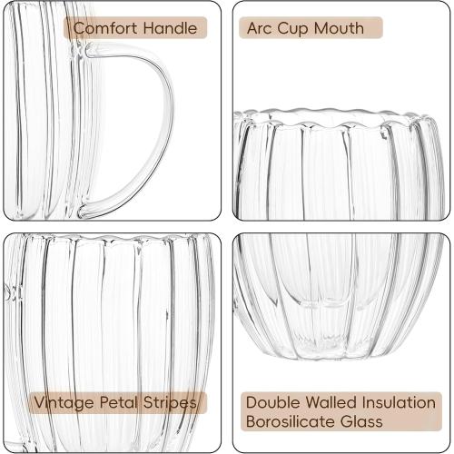 Double Wall Glass Coffee Mugs, 4pcs, 12oz, Classic Vertical Stripes, Aesthetic Tea Cups, Insulated Glass for Hot or Cold Drinks, Origami Style, Gift Boxed