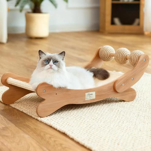 ‼️has mild fur ‼️Sisal Cat Scratcher Bed with 3 Toy Balls for Indoor Cats, Durable Wooden 3-in-1 Hammock Lounge & Scratch Pad - Modern Furniture for Large Cats, Scratching Post Lounger