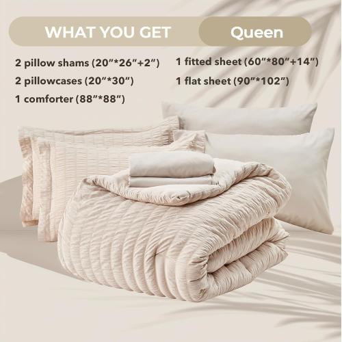 Beige HYMOKEGE Comforter Set Seersucker 7 Pieces, All Season Luxury Bed in a Bag for Bedroom, Bedding Set with Comforters, Sheets, Pillowcases & Shams