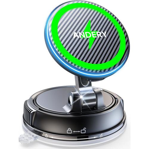 ANDERY Only for iPhone Magsafe Car Mount Charger, 15W Fast Wireless Charge | [78 LBS Strong Suction & 2400gf Magnetic] 360° Adjustable Car Mount Phone Holder, Car Interior Accessory with Dashboard Pad