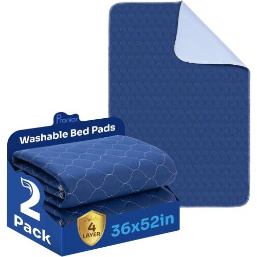 Hide Stains Bed Pads Washable Waterproof for Incontinence, 4-Layer Absorbency Pee Pads, Washable Underpad, Bed Wetting Pad for Elderly, Adults, Pets, 36x52-2 Pack, Navy Blue