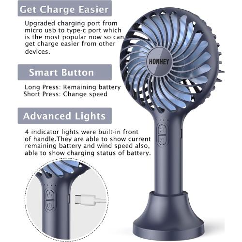 HonHey Handheld Fan, 5000 mAh Portable Fan[8-25H Working Time] with Rechargeable Battery, 4 Speed Personal Cooling Desk Fan with Power Bank, Mini Hand Held Operated Makeup Fan for Women Outdoor
