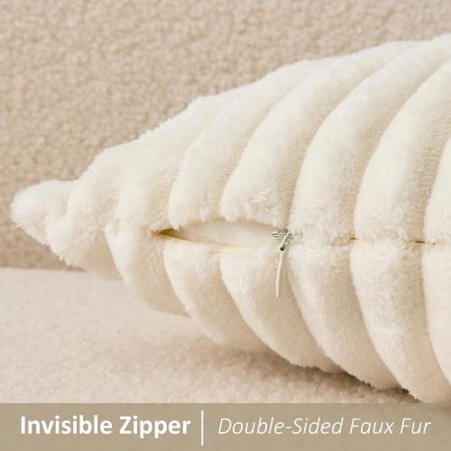 Kevin Textile Soft Plush 14x36 Inch Long Lumbar Pillow Cover 1 Pack, Luxury Fluffy Faux Fur Striped Flannel Rectangle Body Cushion Case for Couch Sofa Chair Bed Home Decor, Cream White