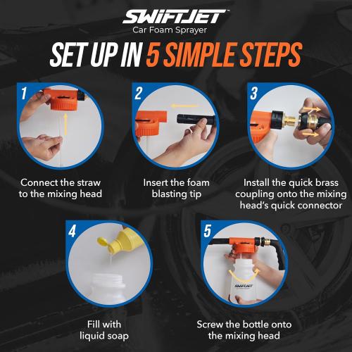 SwiftJet Car Wash Foam Gun   Microfiber Wash Mitt - Foam Cannon Works with Any Soap - Garden Hose Car Foam Sprayer - Car Wash Kit - Car Accessories Foam Blaster (Orange Foam Gun with Mitt) | No pressure washer needed, get thick soapy foam at home! Perfect for cars, rv's, boats and motorcycles