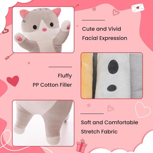 Cute Cat Plush Long Body Pillow – Soft Cartoon Stuffed Animal Doll, Kawaii Cat Plushie Valentines Day Gifts for Kids, Girls & Girlfriend (Gray, 19.7 Inch)