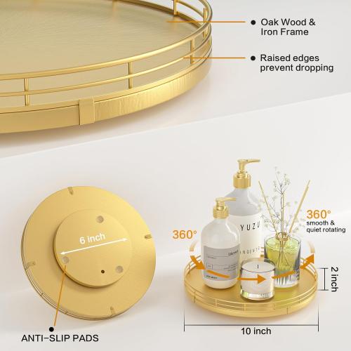 10 Gold Lazy Susan for Table Top, Oak Wood Lazy Susan Turntable Organizer for Dining Coffee Table Centerpiece Bar Decor Kitchen Countertop Bathroom Vanity Decorative Tray for Perfume Jewelry Round
