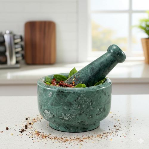 5 Diameter Natural Stone Mortar and Pestle Set as Spice Grinder, Medicine Masher - Okhli & Musal (Green)