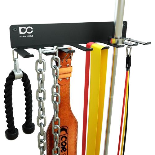 Double Circle Gym Equipment Storage Rack - Multi Purpose Gym Equipment Wall Rack Hanger for Pro Home Gym Storage for Exercise Bands, Barbell Bar, Jump Ropes, Chains, Lifting Belts (17 - Hooks)
