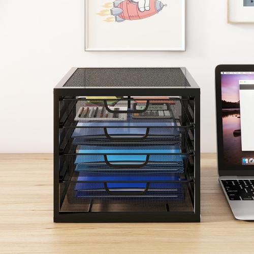 Natwind Mesh Desk Organizer with 4 Tier Sliding Drawers, Office Supplies Desktop Organizers and Accessories Stationery Storage, Paper Sorter, File Binder Organizer for Home Office School,Black