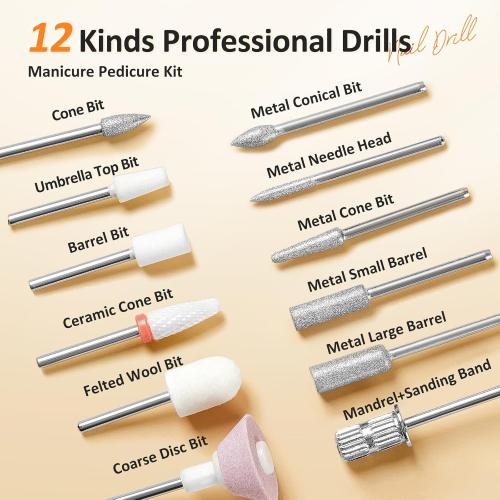 WHITE Electric Nail File, Cordless Nail Drill with 12pcs Bits, Professional 6 Speeds Manicure Kit for Women for Acrylic Gel Nails, Portable E-File with Rechargeable Base, Polishing Grinder for Salon Home