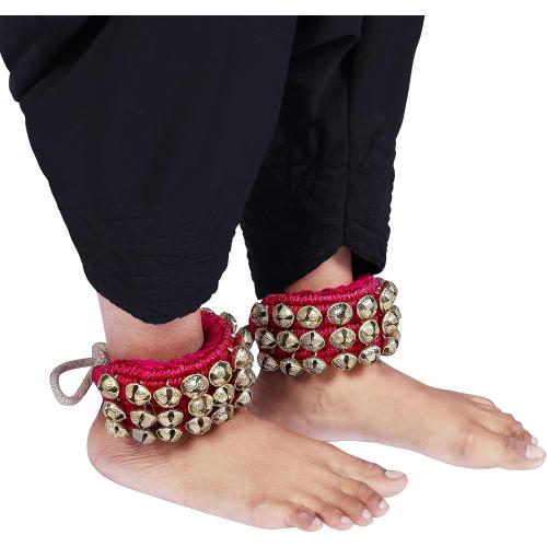 Dancing Bells Ghungroo Pair Indian Classical Dance Accessories with Colored Cushion Pad Best Dance Metal Brass Anklets Bells Ghunghroo Pad (Red, Triple Line)
