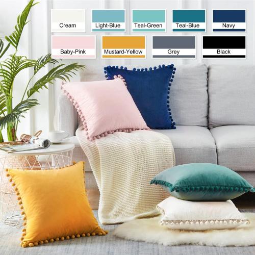 Topfinel Decorative Throw Pillow Covers 18x18 Set of 2, Cream White Couch Square Pillow Covers for Sofa Bed, Soft Velvet Cushion Covers with Pom Poms for Livingroom Bedroom Modern Home Decor