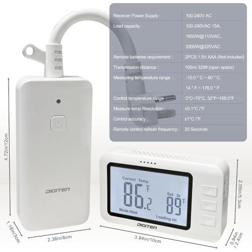 DIGITEN Wireless Thermostat Outlet Temperature Controlled Outlet with Power Cord for Heating and Cooling, Remote Control Plug in Thermostat 1800w for Space Heater, Fan, AC