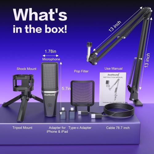 BLACK ZealSound Gaming USB Microphone,Noise Cancellation Condenser mic,RGB Microphone with Mute,Gain,Monitoring,Boom Arm,Pop Filter for Phone,PC,Computer,PS4,PS5,Mac,Streaming,Podcast,Twitch,YouTube,Discord