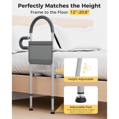 Bed Rails for Elderly Adults Safety, Bedrails for Elderly Adults Grab Bar Bed Handrails, Cane for Seniors with Non-Slip Ergonomic Handle and Storage Pocket, Fit Twin, Full, Queen, King