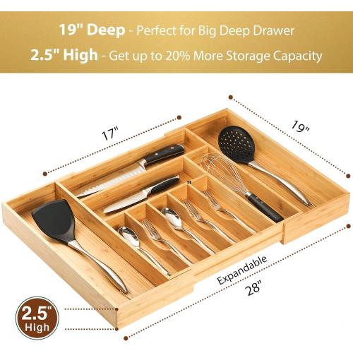 Umilife Extra Large Expandable Kitchen Siverware Utensils Drawer Organizer, 19 Deep for Big Drawer, Adjustable Bamboo Wood Drawer Divider with Curved Grooves, Cutlery Tray Flatware Holder