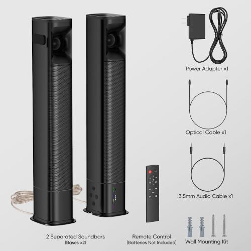 Sound Bar for Smart TV, 80W Soundbar with Four Woofers, Dual Horn Tweeters, 2.0 Channel TV Speaker, 2 in 1 Detachable Design, BT/ARC/AUX/Optical Connection, Surround Sound System for TV