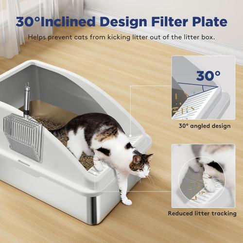 Grey 23.2 x 15.7 x 12.2 FURTIME Stainless Steel Litter Box with Lid, XL Metal Cat Litter Box for Big Cats, Extra Large Box High Sided, Non-Sticky, Easy to Clean, Anti-Urine Leakage, Include Metal Litter Scoop