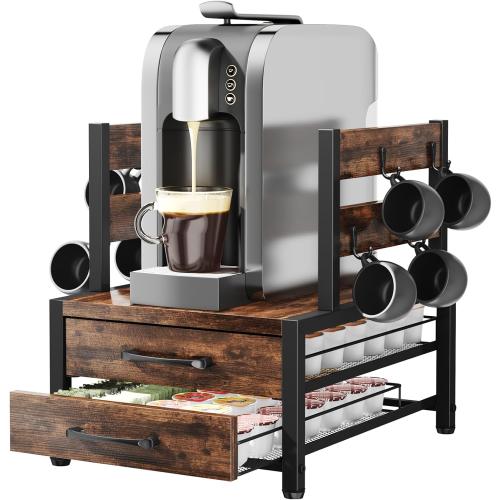 K Cup Holder Drawer - Coffee Pod Organizer for Counter, Sturdy k cups Storage Drawer with Mug Rack, Coffee Maker Stand, 70 Capacity Pods, Home Kitchen Counter Organizer, Rustic Brown