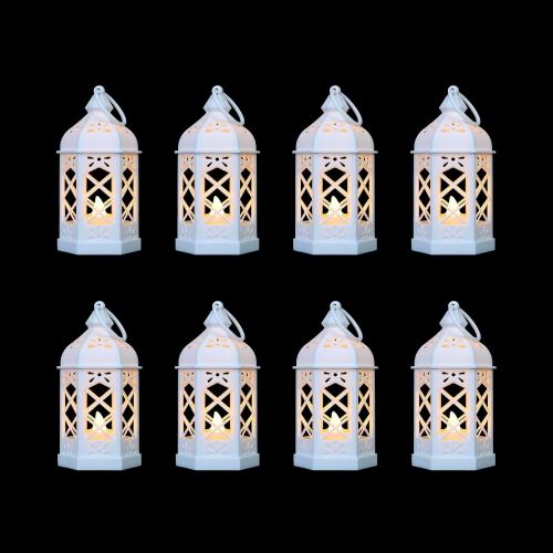 8-Pack Mini Lanterns for Ramadan, Wedding,Halloween,Christmas, Small Decorative Lanterns with LED Candle for Baby Shower Party, Moroccan Lantern for Table Centerpiece, Medieval Decor, White