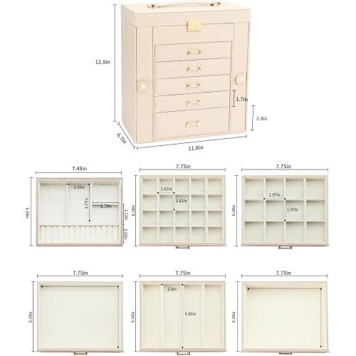 Jewelry Storage Box, Jewelry Organizer with 22 Necklace Hooks, Large Jewelry Box for Ring Bracelet Necklace Earrings (Apricot)