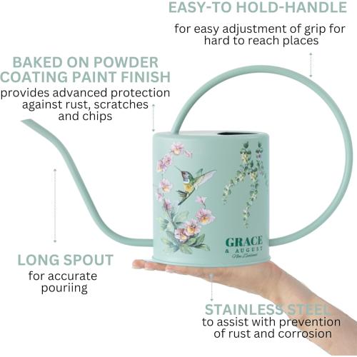 Size 1.5L Color Green Watering Can for Indoor House Plants - Cute Decorative Metal Gardening Small Water Can for Houseplants & Flowers with Long Spout - 1.5L 51floz 0.4 Gallon (Hummingbird Sage)