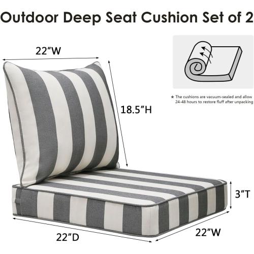 Unimatta Outdoor Patio Chair Cushions Set, 22 x 22, Set of 2, Water-Repellent, Fade Resistant, Deep Seat Bottom and Back Cushion for Backyard, Couch, Sofa and Patio Furniture, Gray Stripe